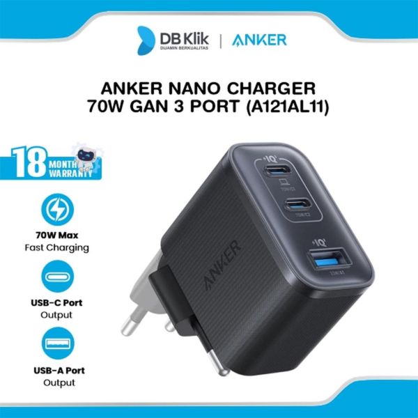 Anker Nano Charger (70W, 3 Ports) Black (A121AL11)